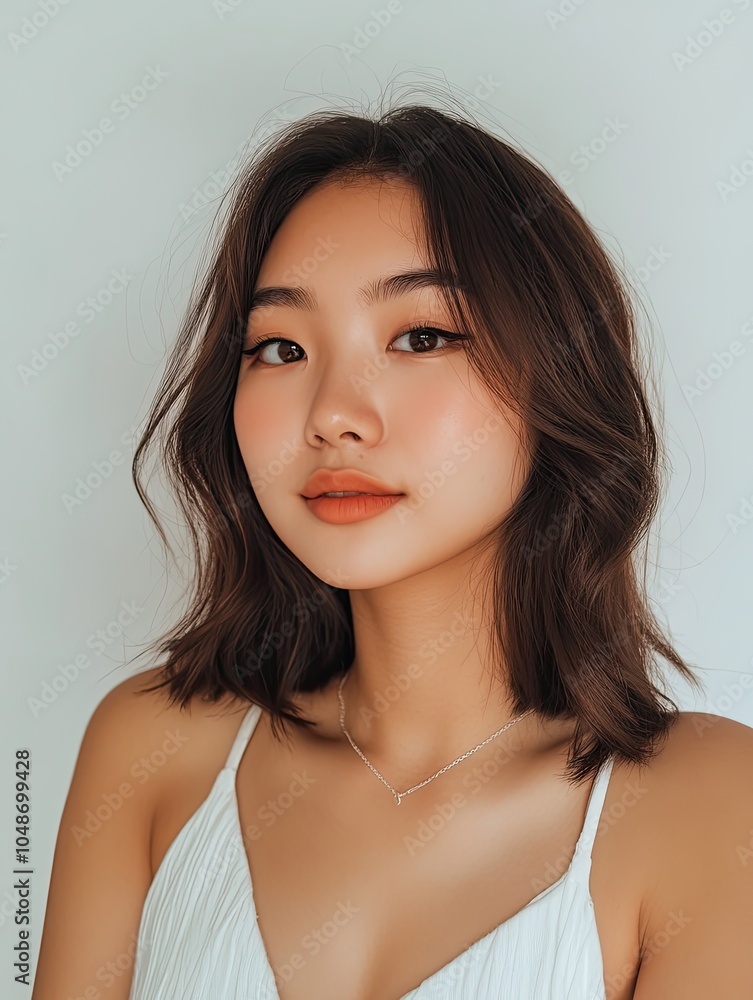 an Asian woman with medium-length hair, a round face shape, and double eyelids, wearing a white halter top. an Asian woman with medium-length hair, a round face shape, and double eyelids, wearing a white halter top.