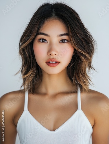 an Asian woman with medium-length hair, a round face shape, and double eyelids, wearing a white halter top.