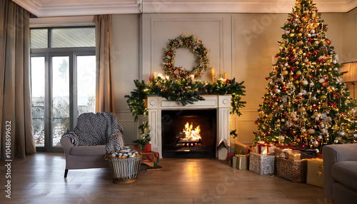 A living room features a decorated fireplace and Christmas tree with ornaments and decorati_1(34)