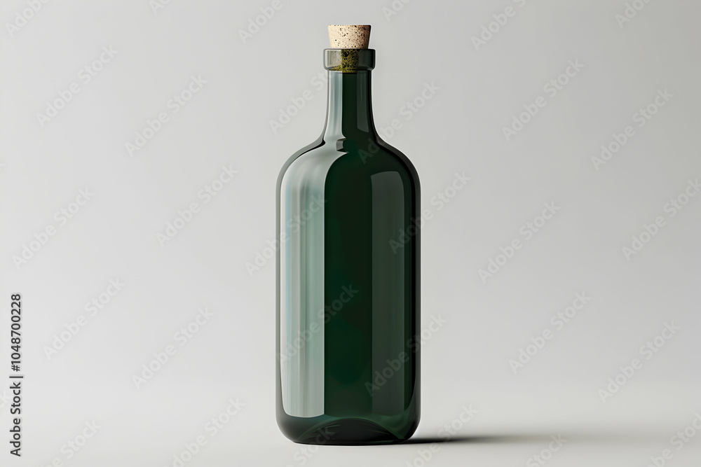 A single green glass wine bottle with a cork stopper, isolated on a white background. A single green glass wine bottle with a cork stopper, isolated on a white background.