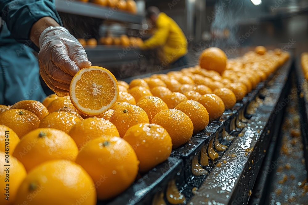 Close-up of a Gloved Hand Inspecting Fresh Oranges on a Conveyor Belt Close-up of a Gloved Hand Inspecting Fresh Oranges on a Conveyor Belt