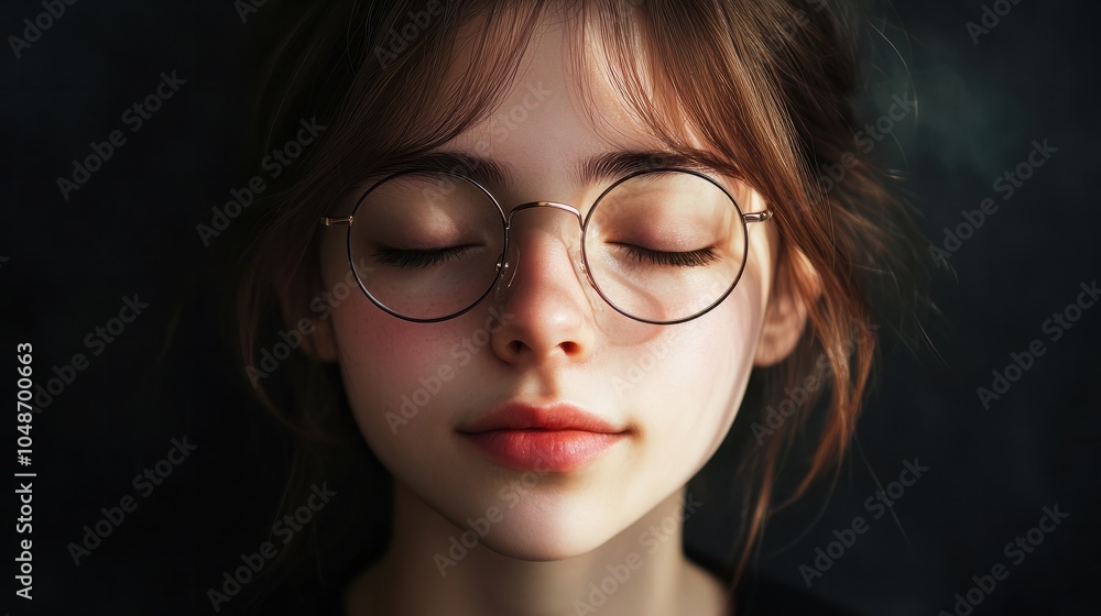 Fototapeta premium Portrait of young woman with glasses and eyes closed