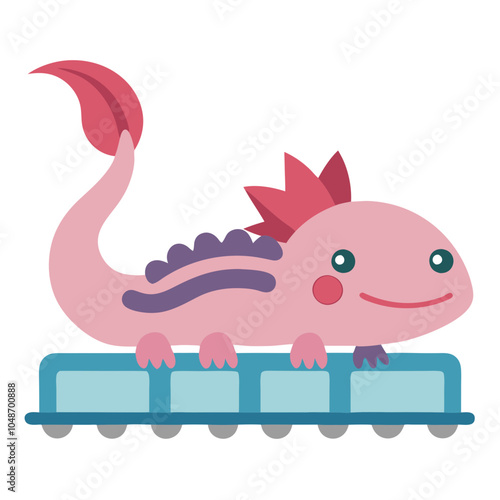 Axolotyl on Train: Cute Cartoon Amphibian Illustration 