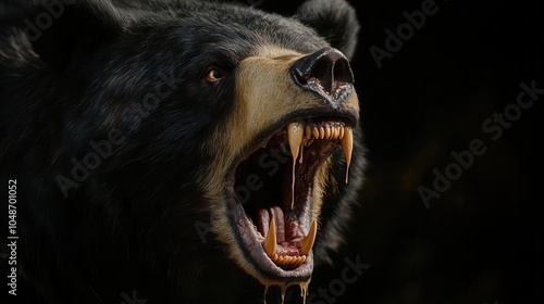 Close-up of a bear s gaping maw, fangs dripping with saliva, eyes narrowed in fierce rage, raw animal power