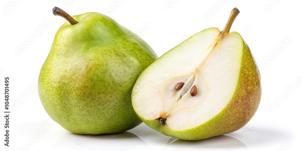 Fresh organic danjou pear cut in half sliced with leaves isolated on white background with clipping path Fresh organic danjou pear cut in half sliced with leaves isolated on white background with clipping path