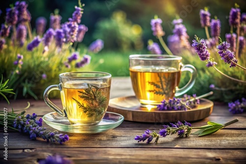 Watercolor Herbal Tea Infusion in Clear Glass Cups with Summer Lavender on Vintage Wooden Table for Relaxation and