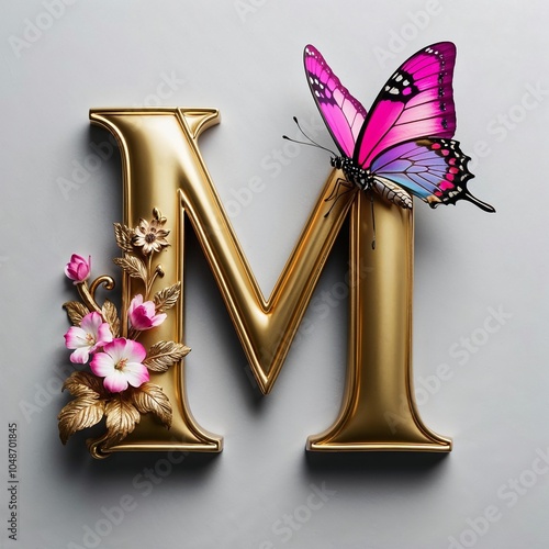 stylized embellished letter 'M' in luxurious gold finish with intricate detailing, decorated with elegant flowers and pink butterfly on grey background photo