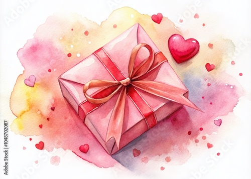 Watercolor Valentine's Day Gift Box with Love Letter and Pink Ribbon for Romantic Celebrations