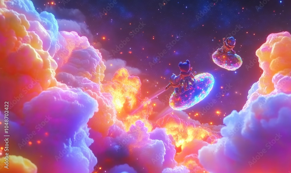 Two astronauts ride glowing asteroids in space. Two astronauts ride glowing asteroids in space.