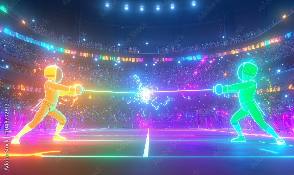 Neon glow figures duel in a stadium. Neon glow figures duel in a stadium.