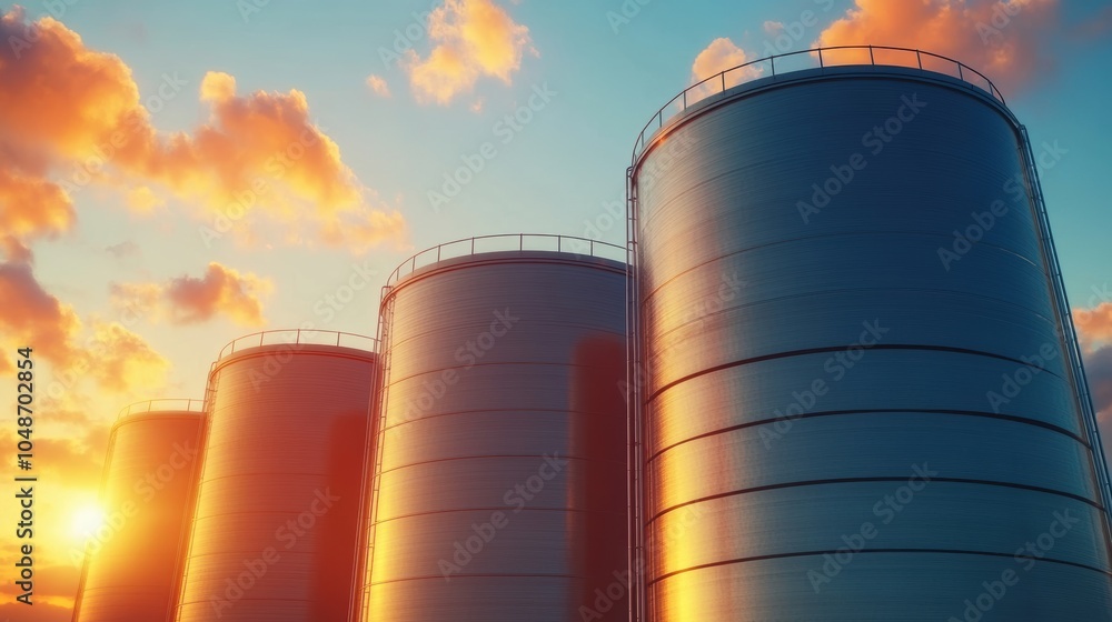 The image showcases metallic storage silos against a vibrant sunset sky, highlighting industrial architecture and nature's beauty. The image showcases metallic storage silos against a vibrant sunset sky, highlighting industrial architecture and nature's beauty.