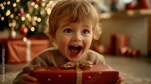 A young child is holding a red present and smiling. Concept of joy and excitement, as the child is eager to open the gift