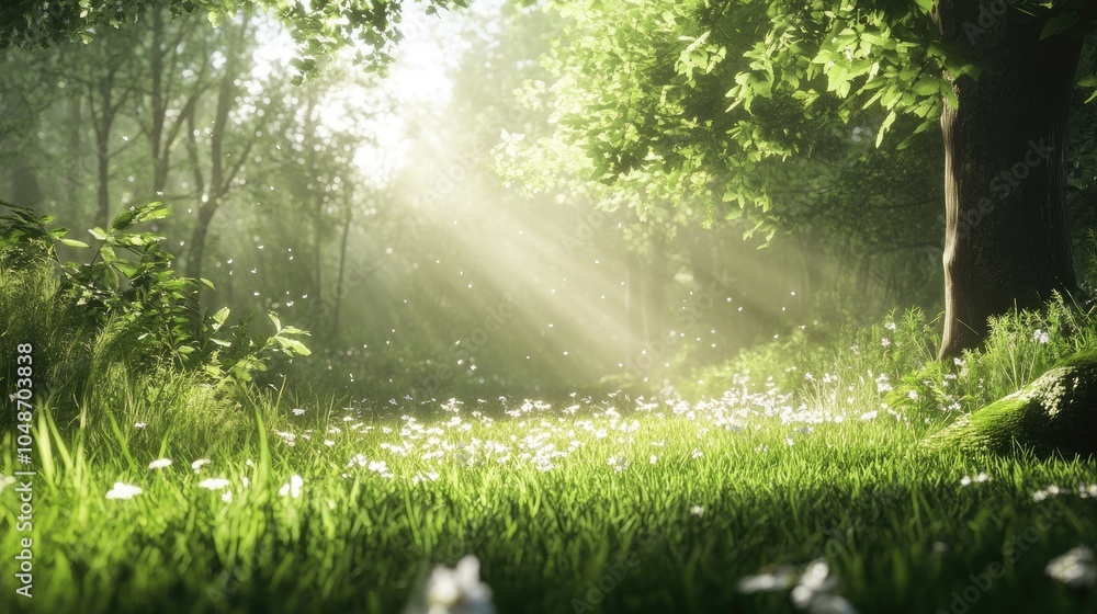 Fototapeta premium Sunlight gently glimmers over fresh, dewy green grass, evoking peace and the calm of a natural sanctuary.