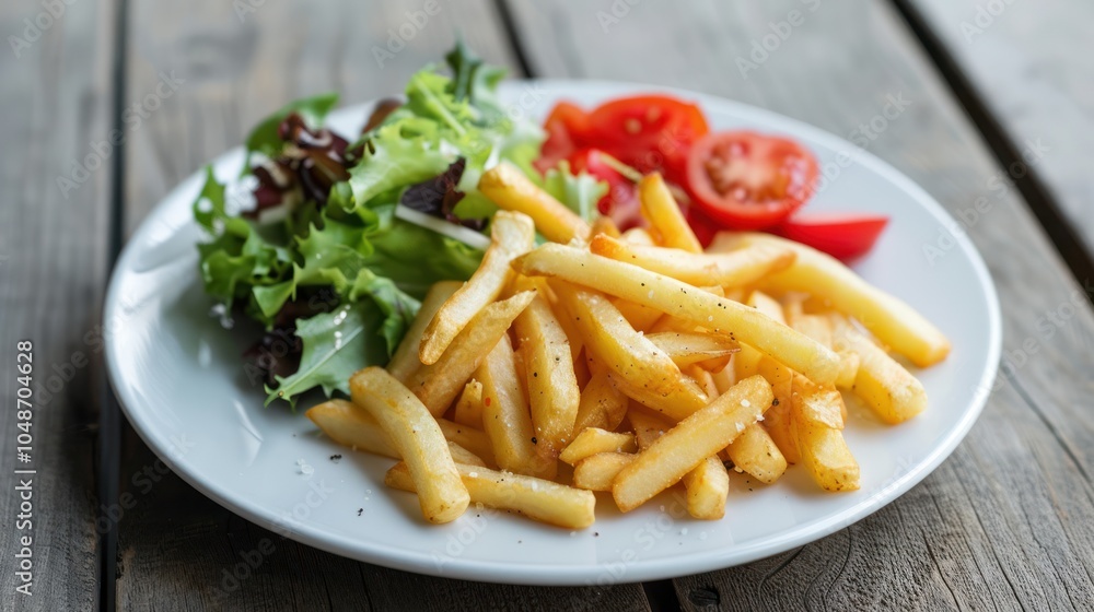 A Plate of French Fries with Salad and Tomato Slices A Plate of French Fries with Salad and Tomato Slices
