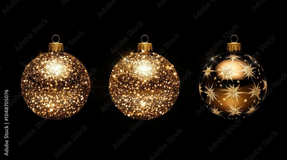Three golden Christmas ornaments shine brightly with sparkling stars on a sleek black background, a warm and festive celebration Three golden Christmas ornaments shine brightly with sparkling stars on a sleek black background, a warm and festive celebration