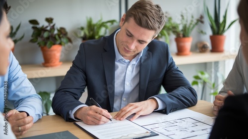 A focused businessman is writing notes during a meeting, surrounded by colleagues and greenery, emphasizing professionalism and collaboration.