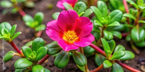 High angle view of common purslane (Portulaca oleracea) weed in a field with selective focus