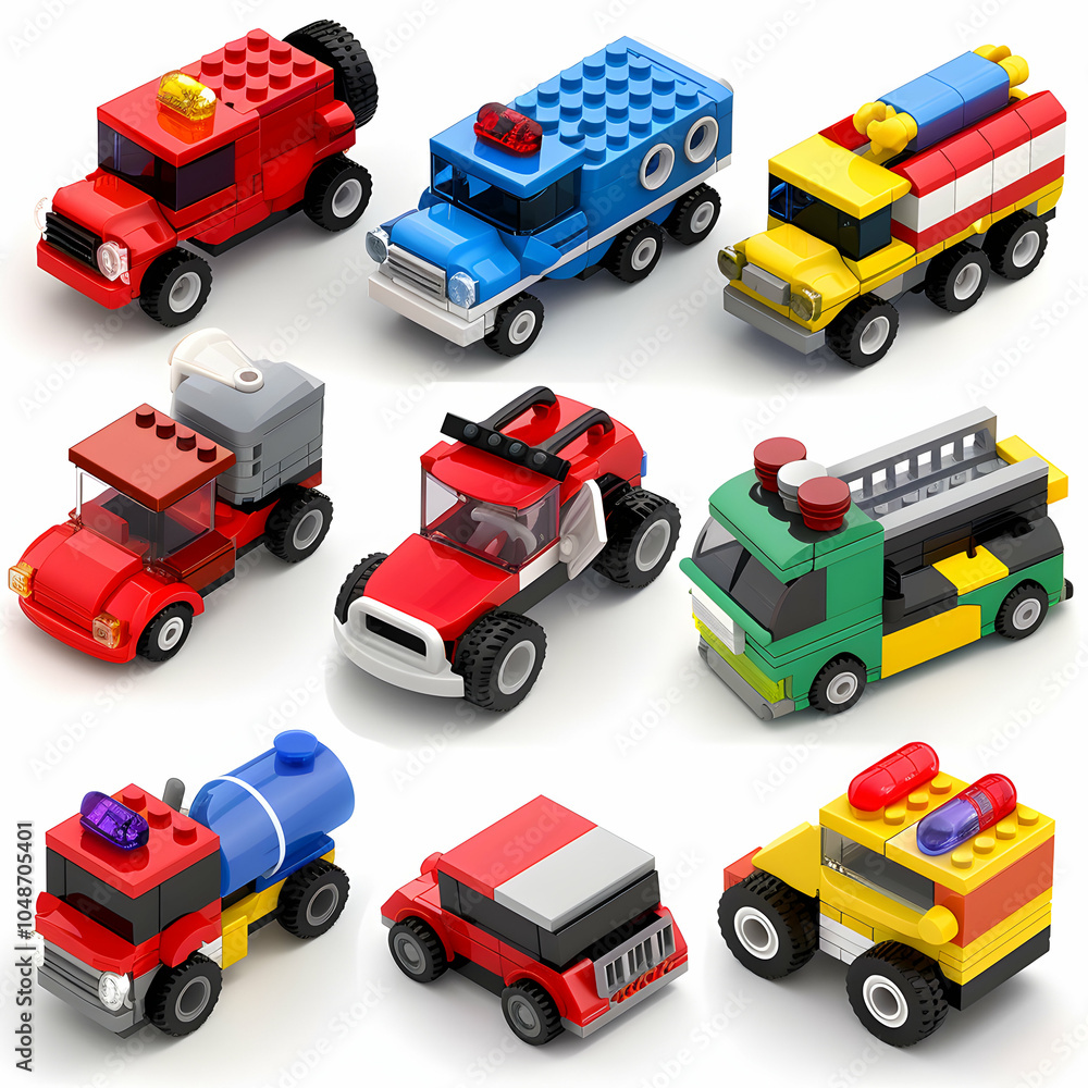 Nine colorful toy vehicles, including trucks, cars, and a firetruck, on a white background. Nine colorful toy vehicles, including trucks, cars, and a firetruck, on a white background.