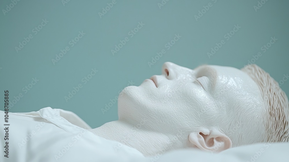 A man lies on his side with a white face mask, eyes closed, relaxed and peaceful. A man lies on his side with a white face mask, eyes closed, relaxed and peaceful.
