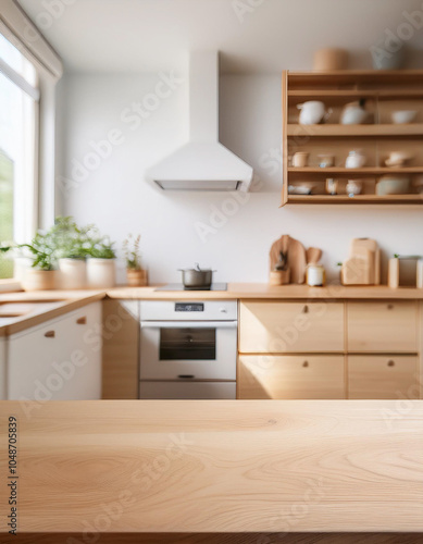 wooden counter top with kitchen cabinet background 