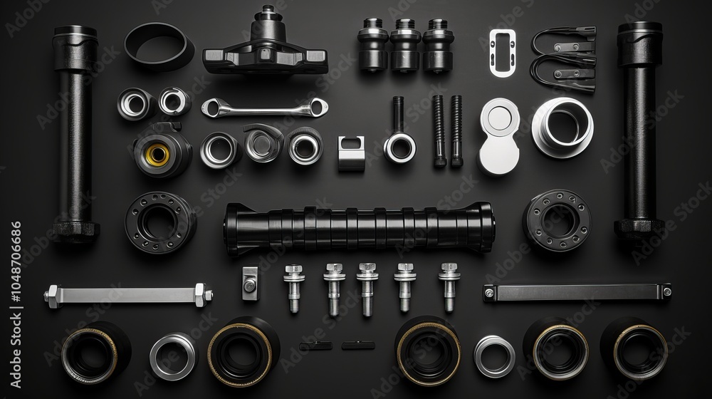 A detailed arrangement of mechanical parts and tools on a dark surface for assembly or repair A detailed arrangement of mechanical parts and tools on a dark surface for assembly or repair