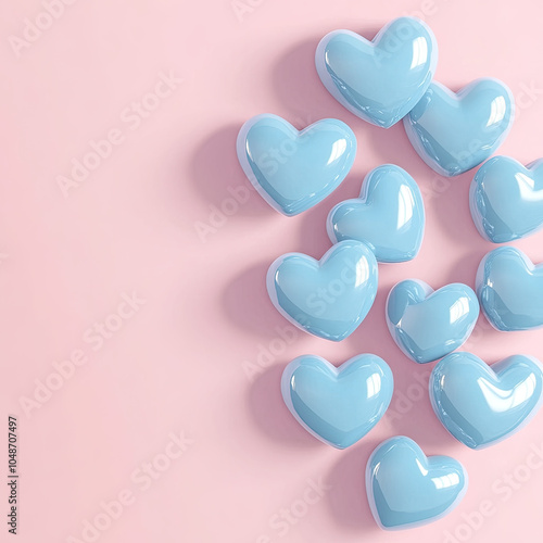 A scattering of 3D blue hearts close-up on a pink background with advertising space. Template for a romantic, greeting card, invitation. Illustration for a creative print.