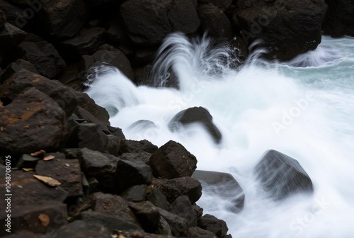 _ . Motion photography of crashing waves against rocky shore, bl photo