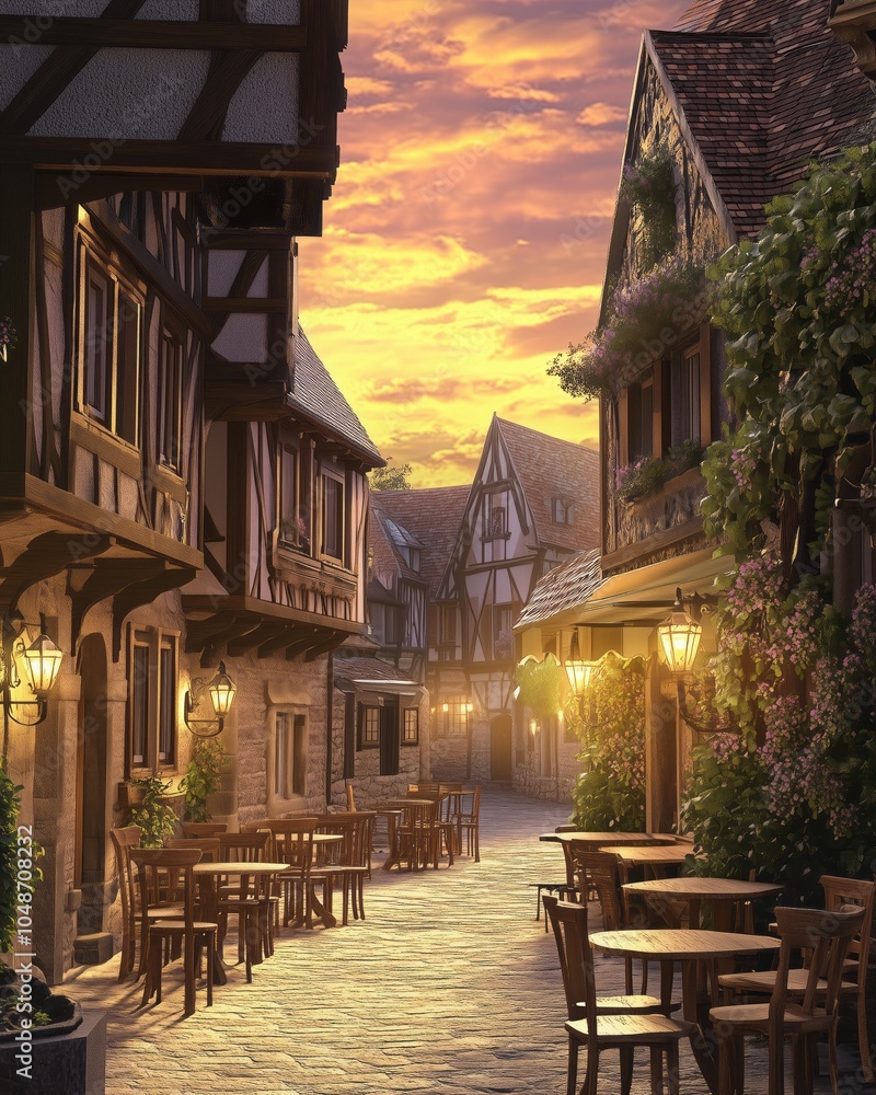 Fototapeta premium A charming German street with half-timbered buildings, wooden tables and chairs under lanterns, a colorful sky in the background, capturing an old-world charm. 