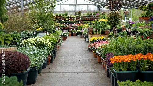 A greenhouse filled with potted plants in a variety of colors, ready to brighten up any garden