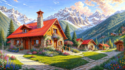 Idyllic countryside summer landscape with wooden old houses, beautiful flowers and trees with the Alp mountains in the background, oil painting on canvas photo