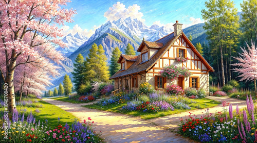 Idyllic countryside summer landscape with wooden old houses, beautiful flowers and trees with the Alp mountains in the background, oil painting on canvas photo