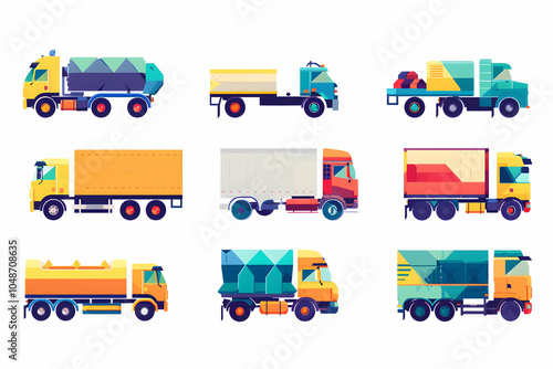 A set of nine colorful flat style truck icons with different types of trailers. photo