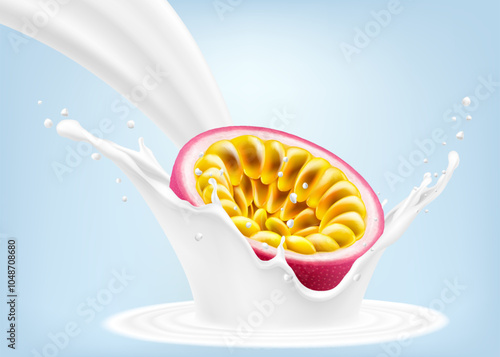 Exotic, tropical passion fruit in splash of yogurt or milk, cocktail splash with drops, Milkshake splash with ripe purple passion fruit. Realistic 3d vector illustration