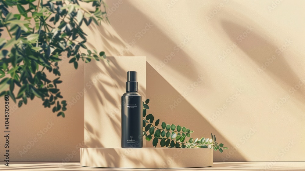 Black Spray Bottle on Beige Platform with Greenery and Sunlight Black Spray Bottle on Beige Platform with Greenery and Sunlight