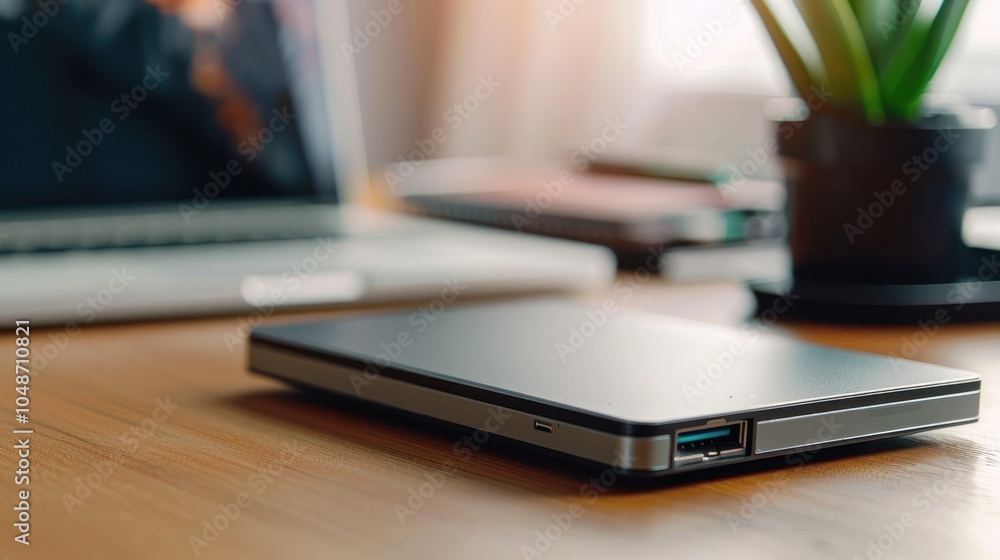 Close-up of a Silver External Hard Drive on a Wooden Desk Close-up of a Silver External Hard Drive on a Wooden Desk