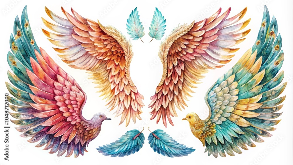 Obraz premium Colorful Angel Wings and Birds Doodle Art