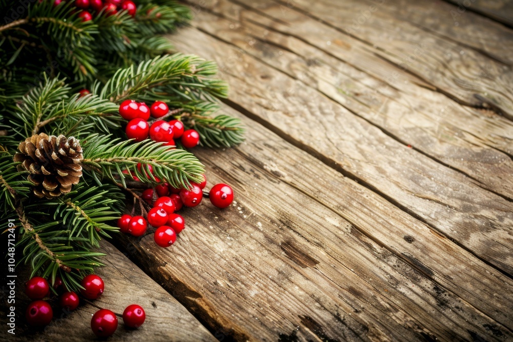 A pine branch adorned with vibrant red berries and rustic pine cones against a natural backdrop. A pine branch adorned with vibrant red berries and rustic pine cones against a natural backdrop.