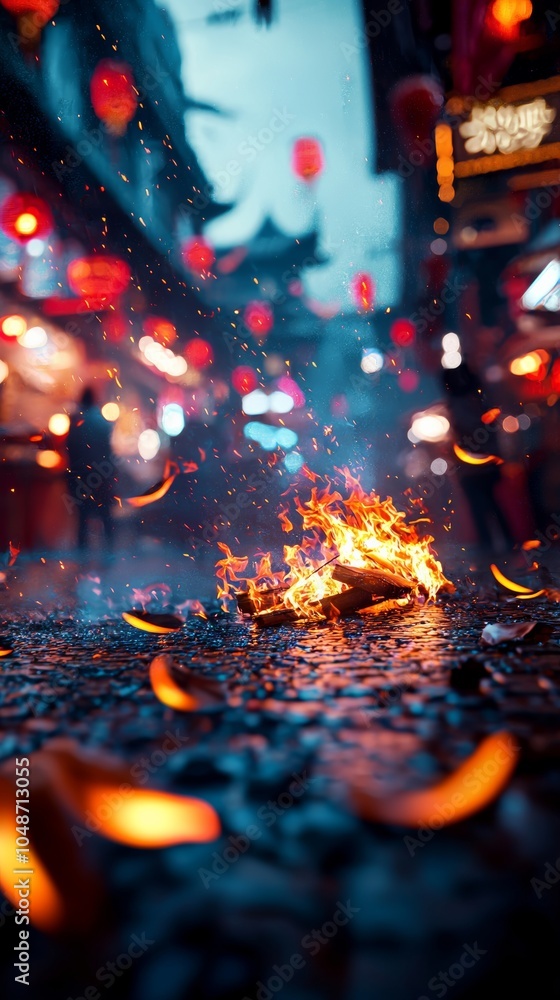 Close-up of Burning Wood in a Rainy Ancient Chinese Market Street at Night with Traditional Architecture