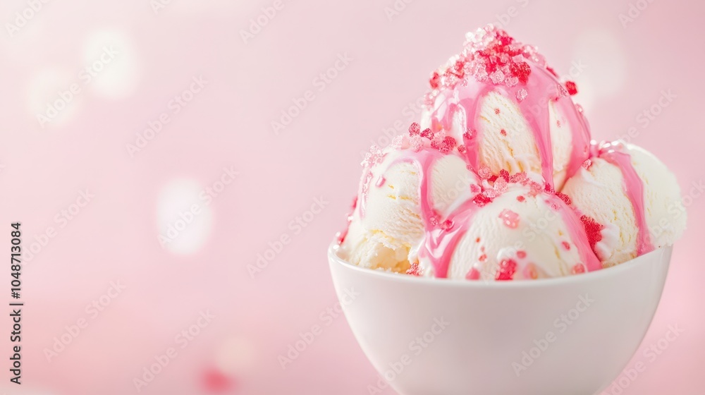 Delicious pink and white ice cream scoops in a bowl with sprinkles Delicious pink and white ice cream scoops in a bowl with sprinkles