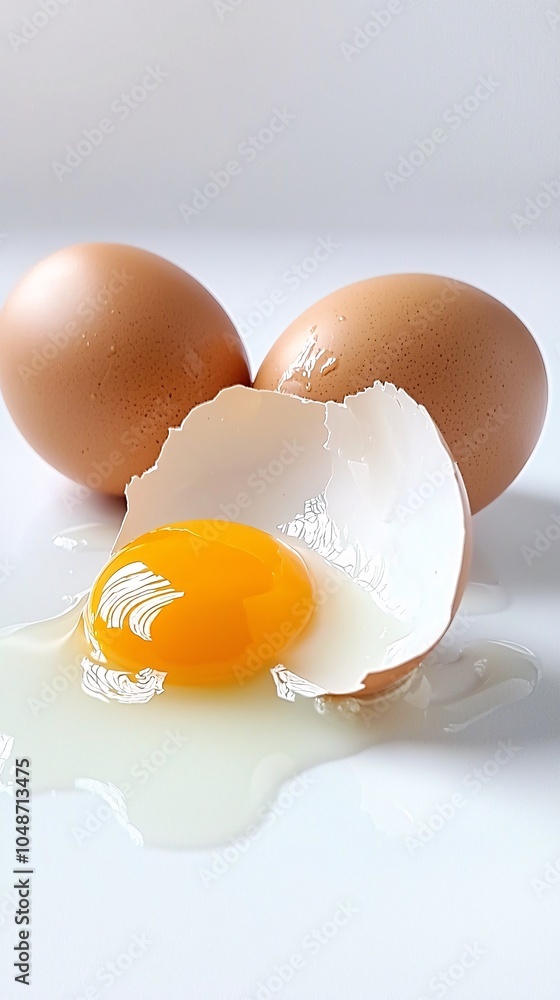 Fresh Egg Shell Breaking with Golden Yolk Pouring - Captivating Cooking Preparation in a Modern Kitchen Setting Fresh Egg Shell Breaking with Golden Yolk Pouring - Captivating Cooking Preparation in a Modern Kitchen Setting