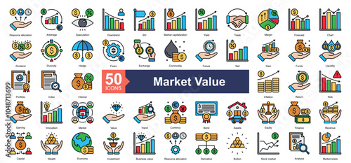 Market Value icon collection set. Containing Resource allocation, Arbitrage, Speculation, Downtrend, Ipo, Market capitalization, Yield, Trade, Margin icon. Simple color lineal illustration.