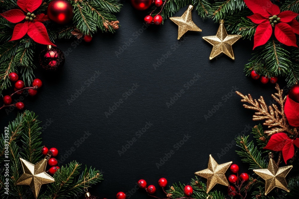 Festive Christmas wreath adorned with gold stars and red ornaments on a wooden door. Festive Christmas wreath adorned with gold stars and red ornaments on a wooden door.