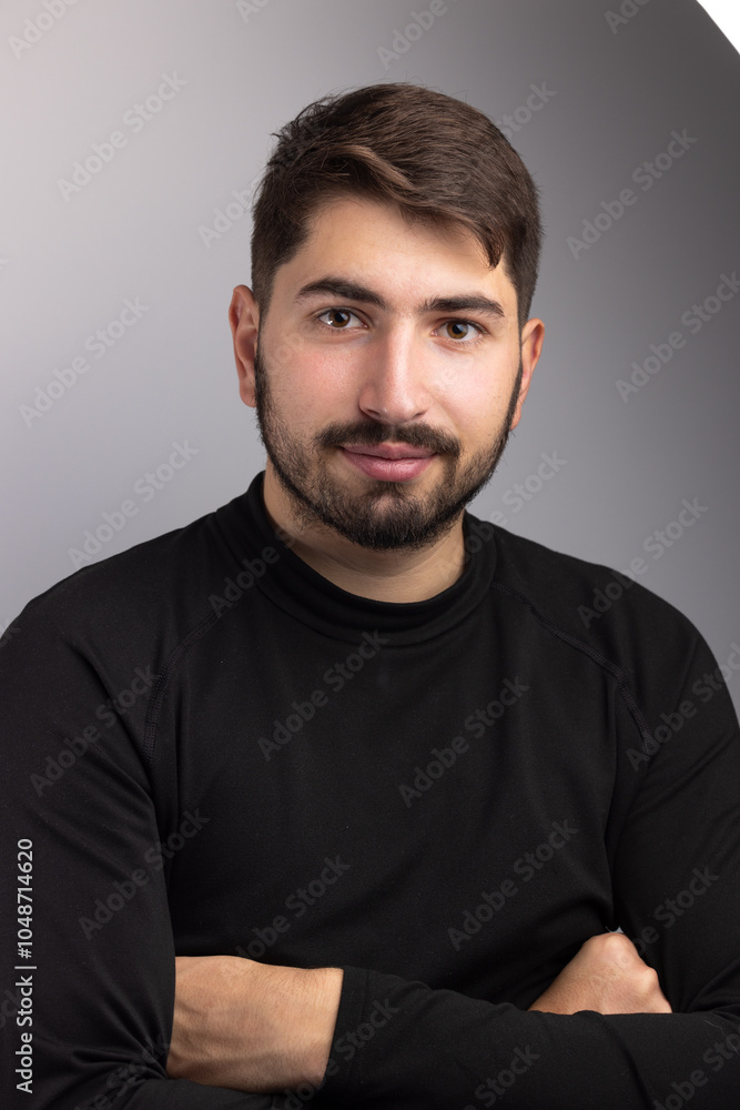 Fototapeta premium portrait d'un beau jeune homme de 25 ans. Il est brun, barbu et souriant et il porte un pull over noir. Arrière plan gris.