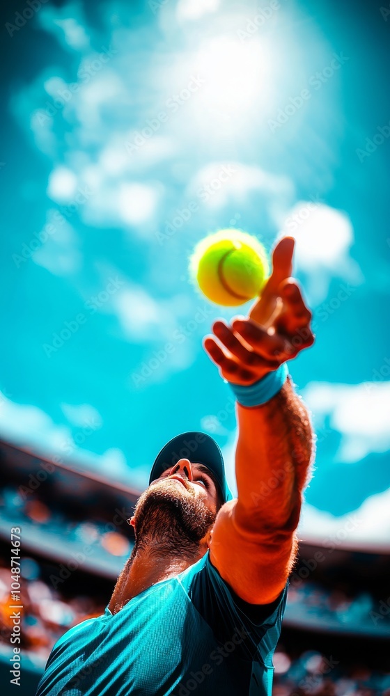 Obraz premium Close-up shot of a tennis player serving at the Australian Open, with bright sunlight, dynamic focus on the hand and tennis ball, vibrant tournament atmosphere