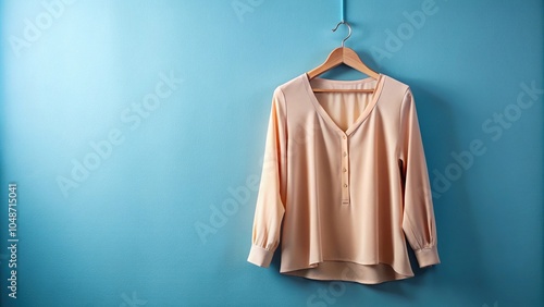 peach blouse hanging on blue background