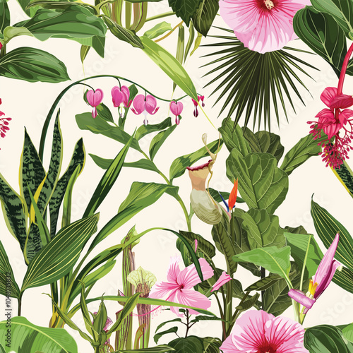 Tropical bright green leaves seamless pattern. Exotic tropical garden for wallpaper, greeting card and fashion design.