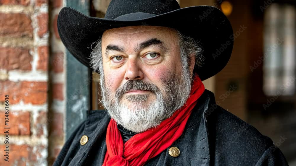 A man with a gray beard wears a black cowboy hat and a red scarf while looking directly at the camera A man with a gray beard wears a black cowboy hat and a red scarf while looking directly at the camera