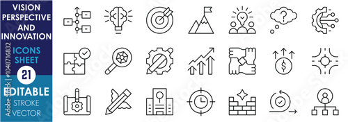 A set of line icons related to vision, perspective and innovation. Way, target, goal, technology, strategy, way, solution creative, leadership, focus, research, planning, agility, and so on.