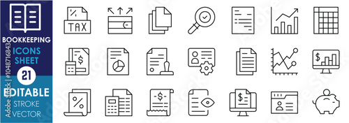 A set of line icons related to Bookkeeping. Audit, ledger, receipt, balance sheet, tax, revenue, financial reports, savings, and so on. Vector editable stroke.