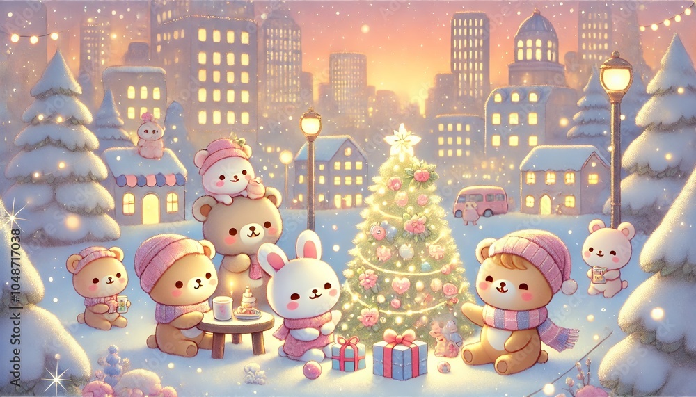 Fototapeta premium A Cozy Christmas Day: Cute Animal Characters Celebrate Around a Glowing Christmas Tree in a Pastel-Colored City, Enjoying the Festive and Heartwarming Atmosphere on a Peaceful Winter Evening